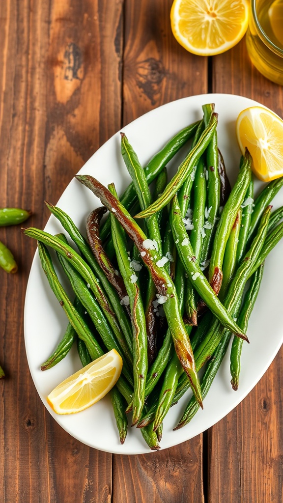 Crispy roasted green beans served on a plate with lemon wedges on a wooden table.